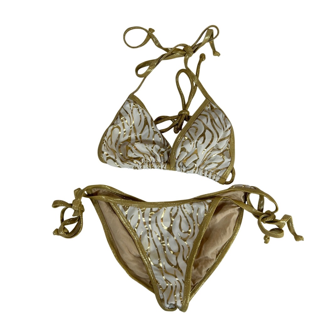 Unbranded Gold White Metallic Animal Print‎ Triangle Bikini Set Side Tie Medium